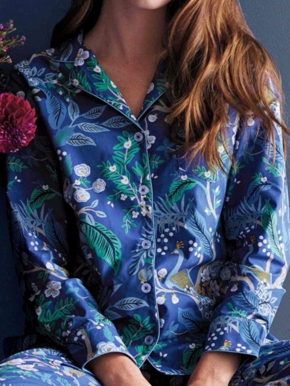 Rifle Paper Co x Company Store Long Sleeve Pajama Shirt L Blue Peacock